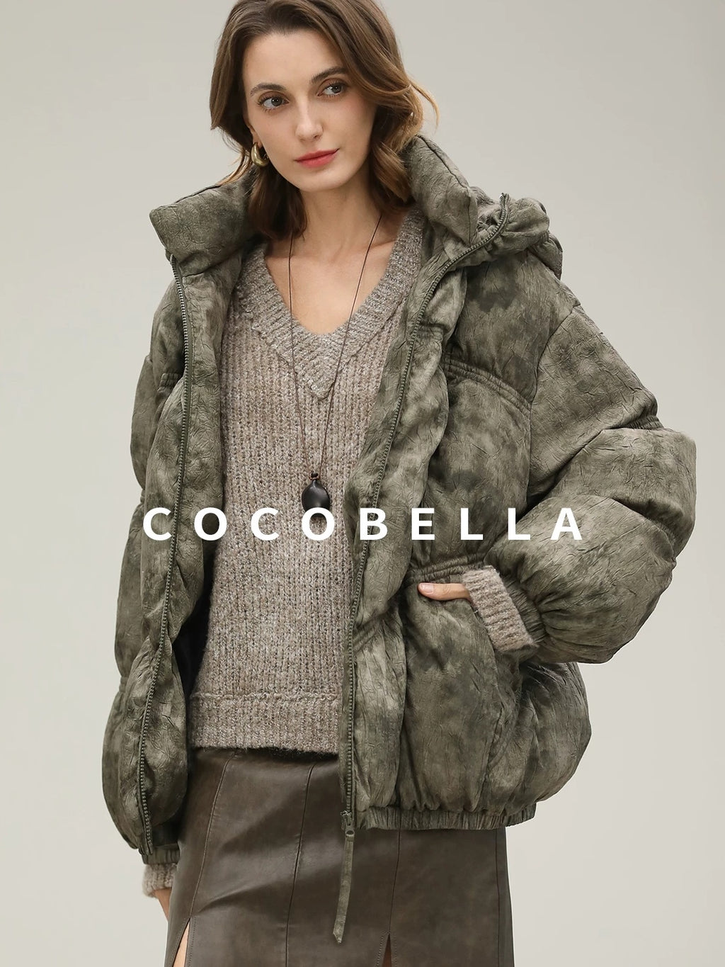 COCOBELLA High Fill White Duck Down Ombre Geometric Midlength Office Down Jackets