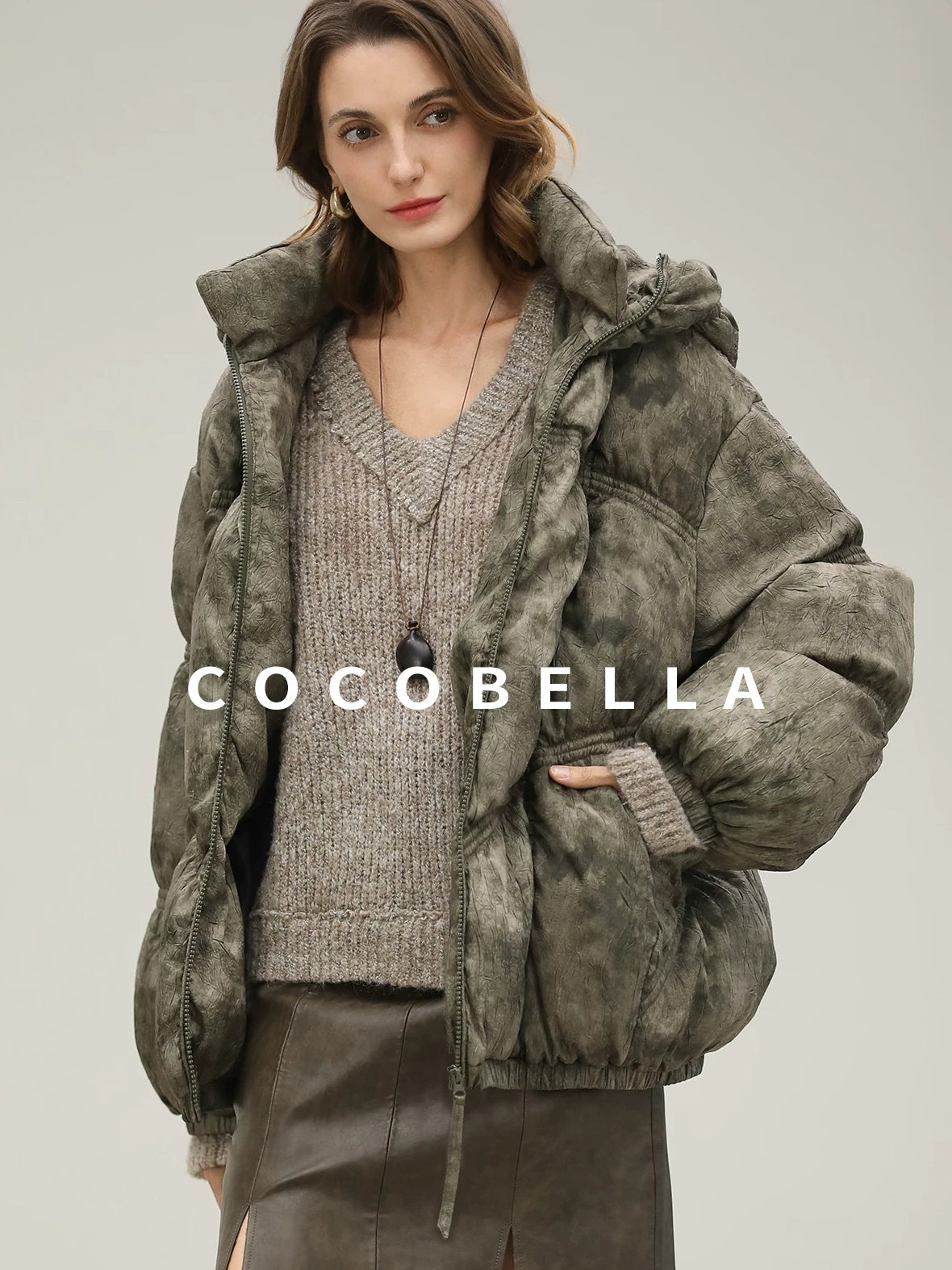 COCOBELLA High Fill White Duck Down Ombre Geometric Midlength Office Down Jackets