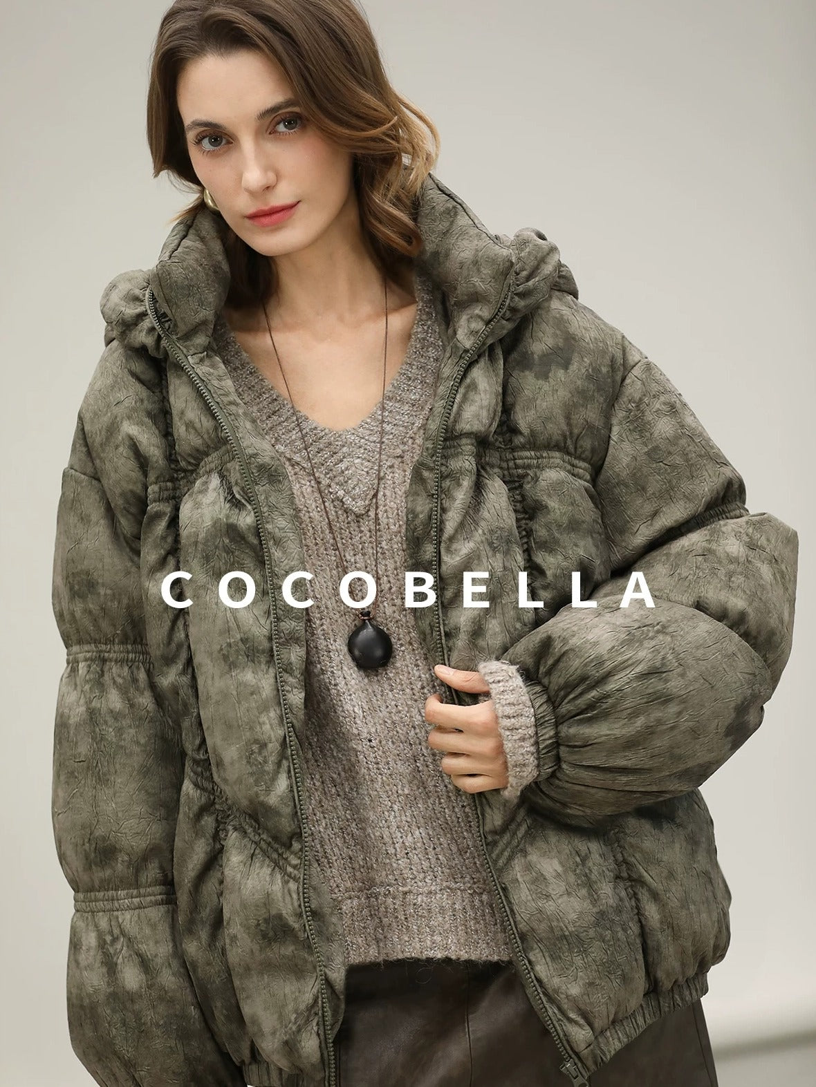 COCOBELLA High Fill White Duck Down Ombre Geometric Midlength Office Down Jackets