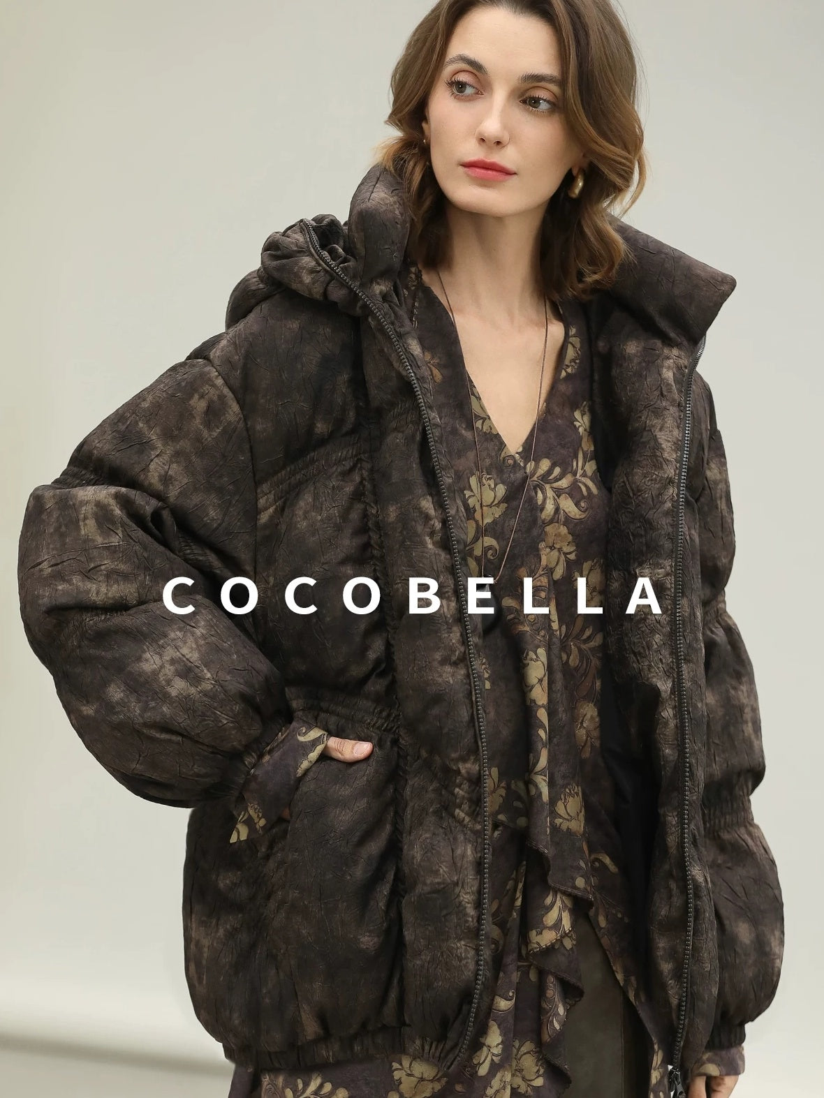 COCOBELLA High Fill White Duck Down Ombre Geometric Midlength Office Down Jackets