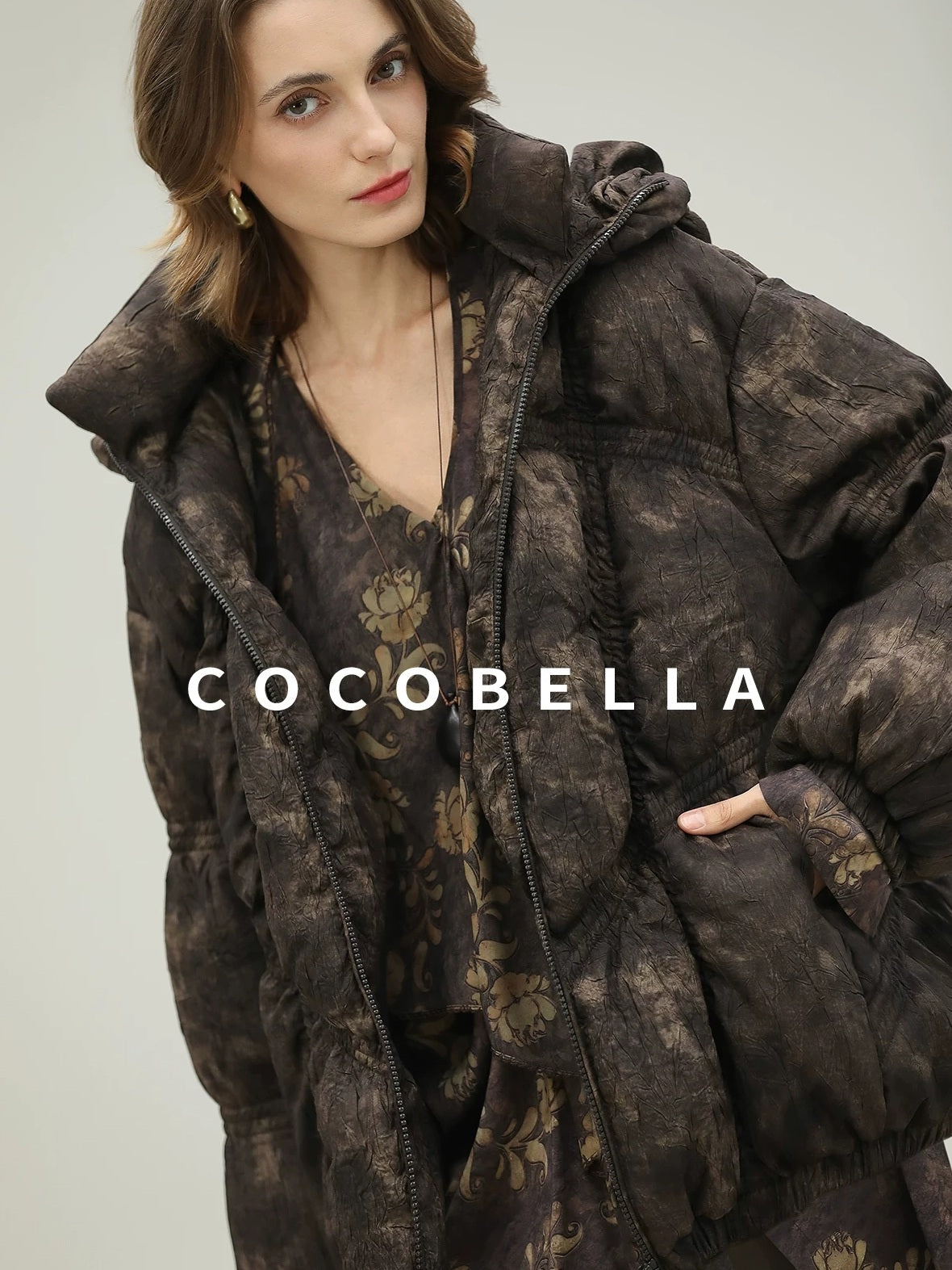 COCOBELLA High Fill White Duck Down Ombre Geometric Midlength Office Down Jackets