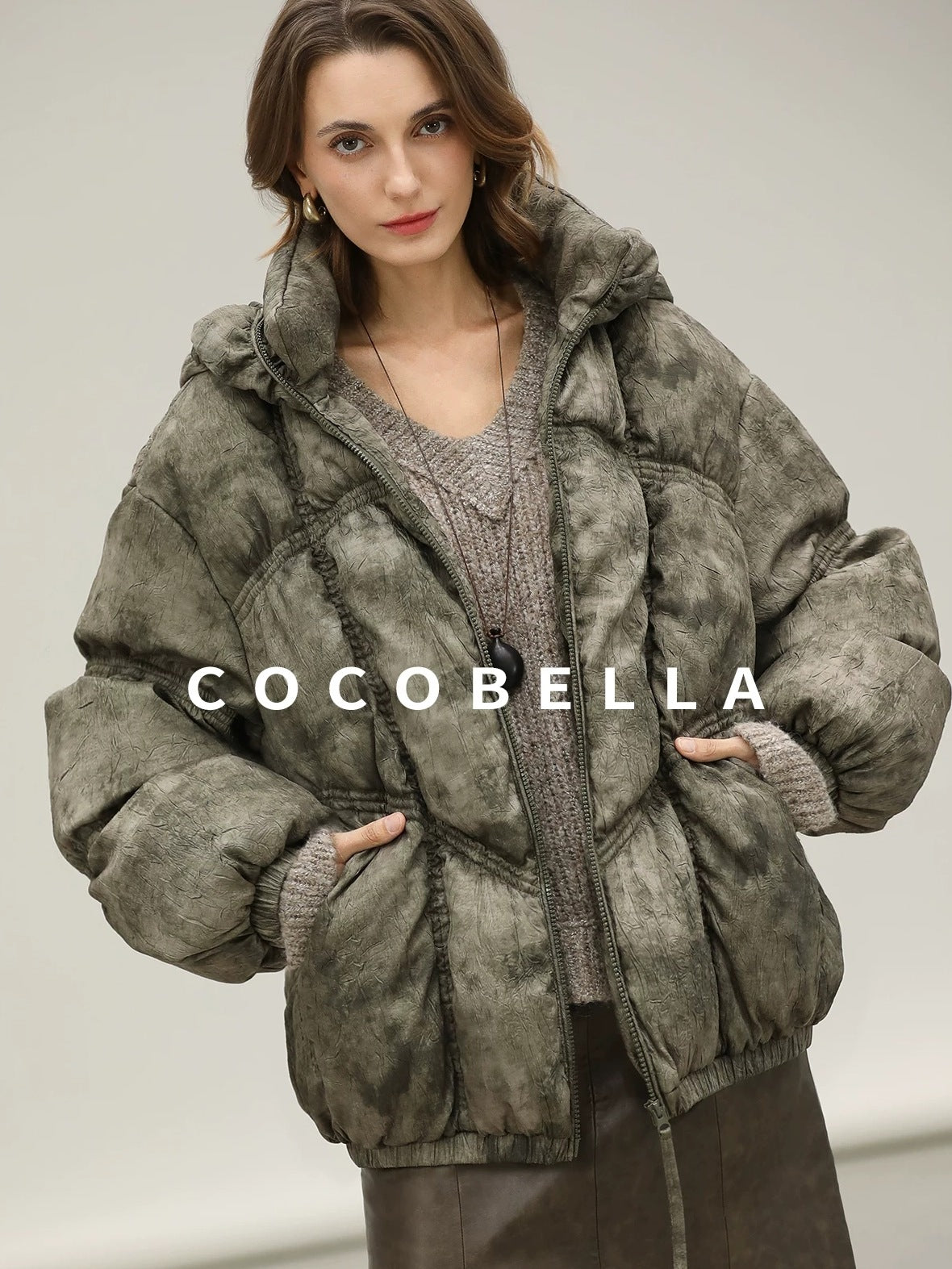 COCOBELLA High Fill White Duck Down Ombre Geometric Midlength Office Down Jackets