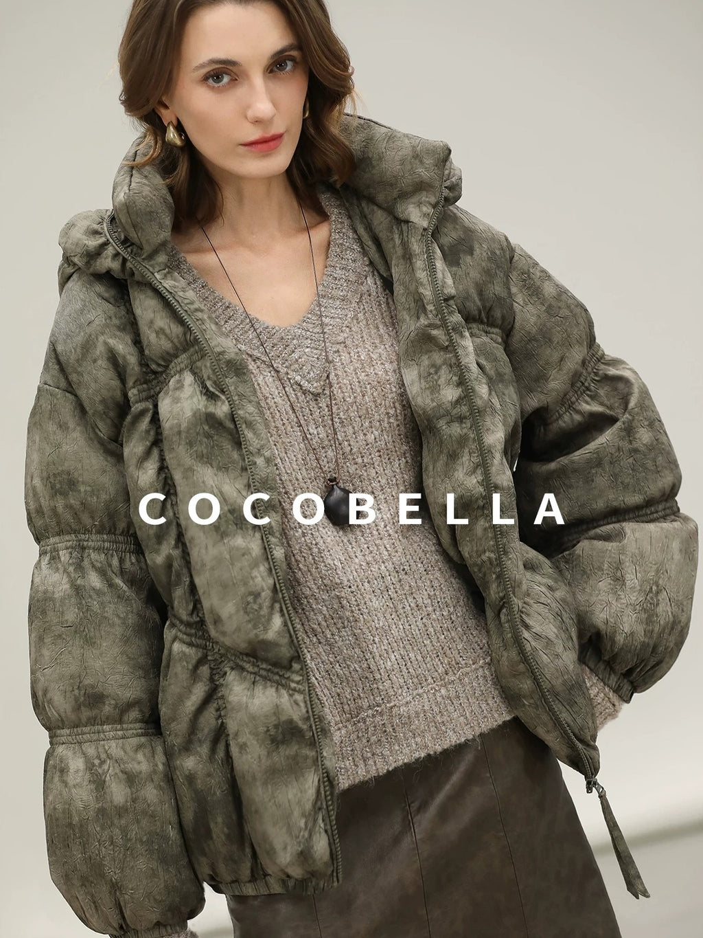 COCOBELLA High Fill White Duck Down Ombre Geometric Midlength Office Down Jackets