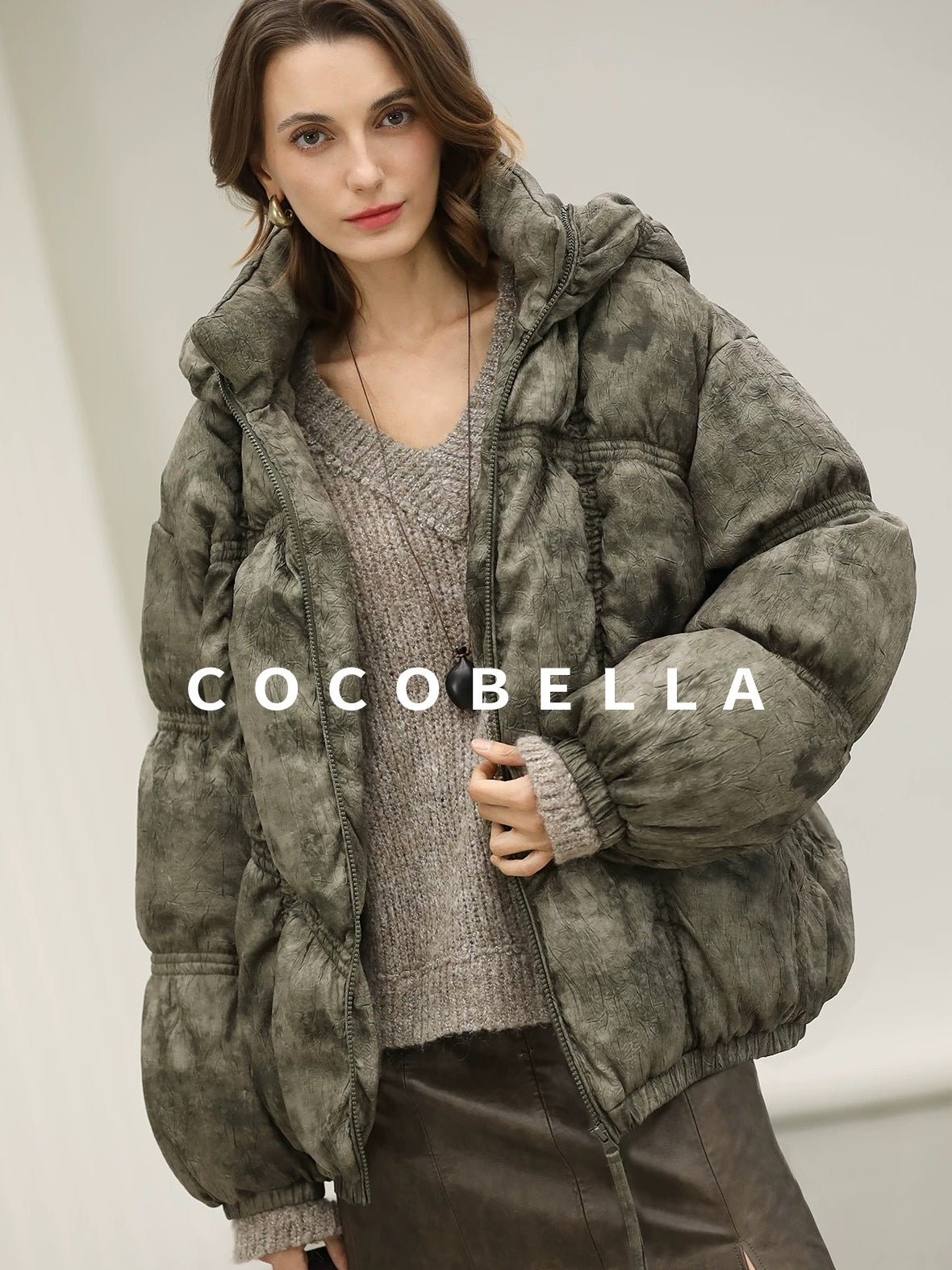 COCOBELLA High Fill White Duck Down Ombre Geometric Midlength Office Down Jackets