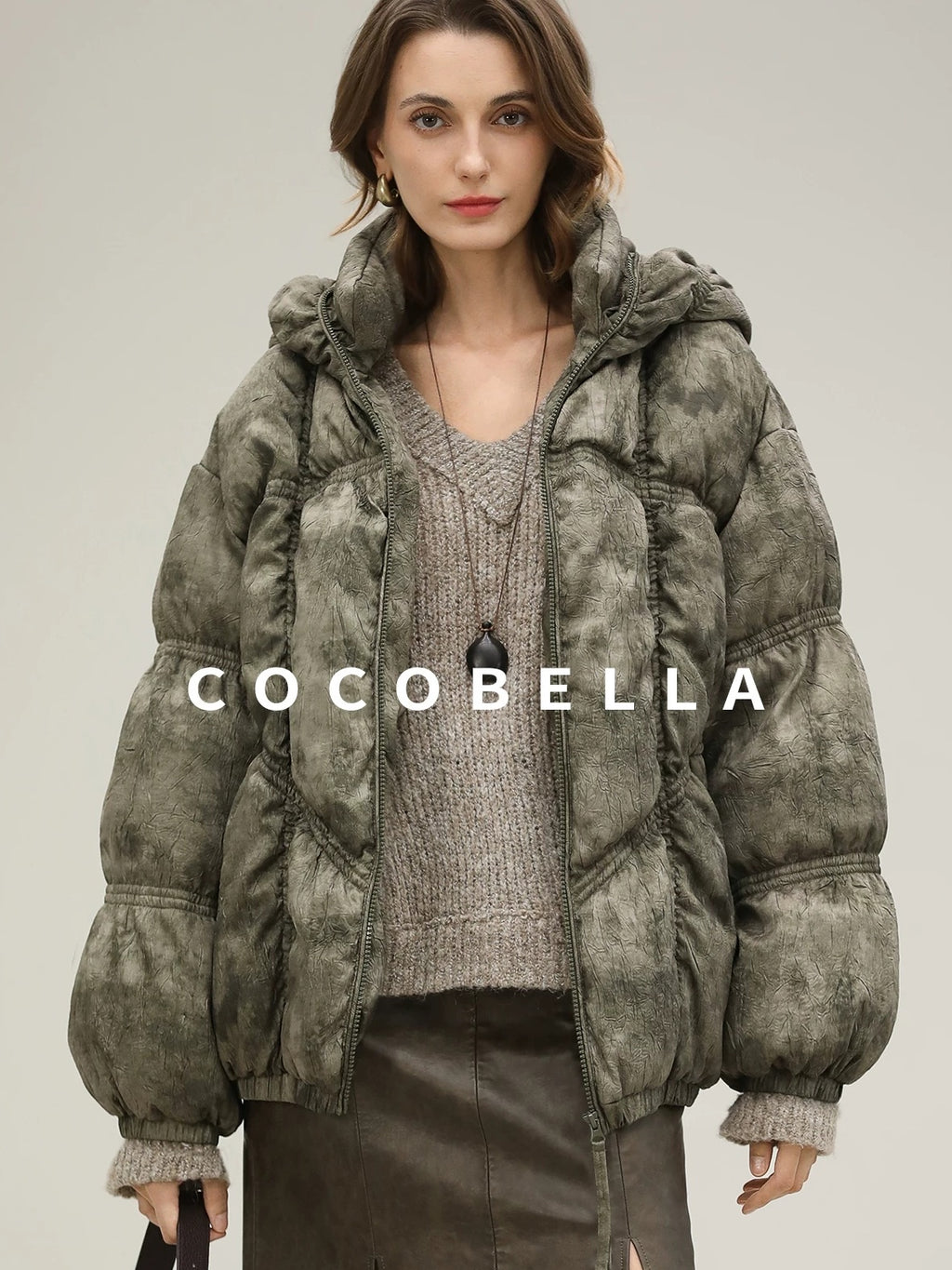 COCOBELLA High Fill White Duck Down Ombre Geometric Midlength Office Down Jackets