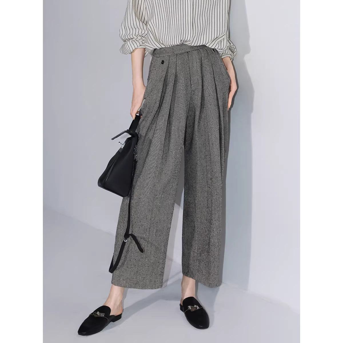 COCOBELLA_High_Waist_3D_Detail_Loose_Harem_Office_Wear_Women_Black_White_Polyester_Pants_MISSTT