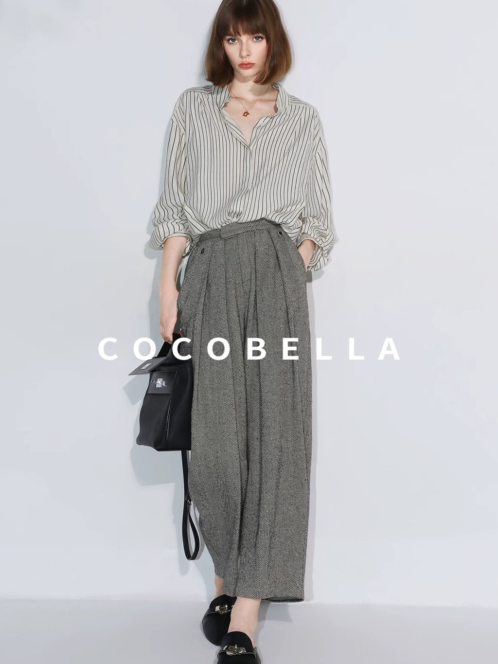 COCOBELLA High Waist 3D Detail Loose Harem Office Wear Women Black White Polyester Pants