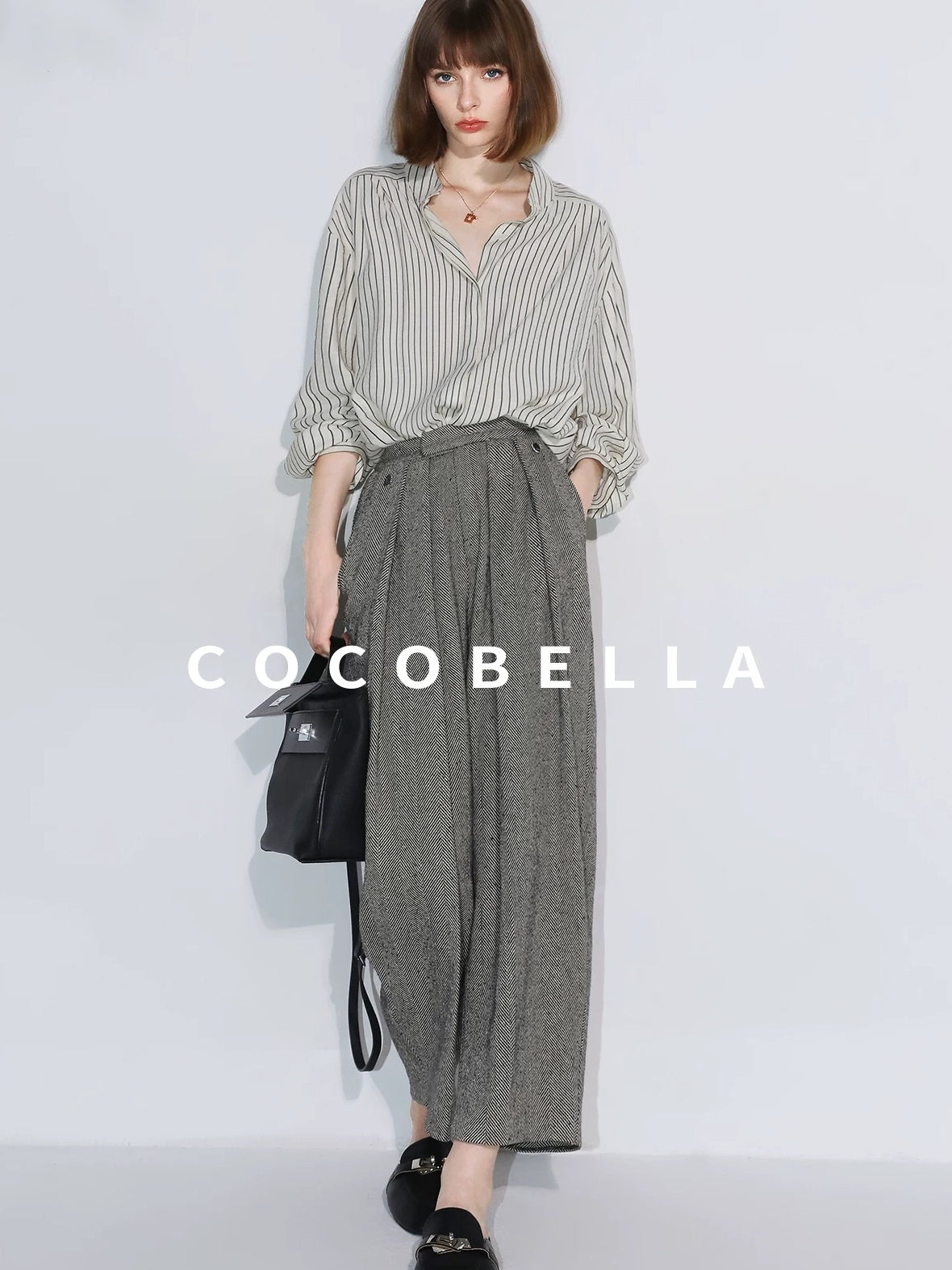 COCOBELLA High Waist 3D Detail Loose Harem Office Wear Women Black White Polyester Pants
