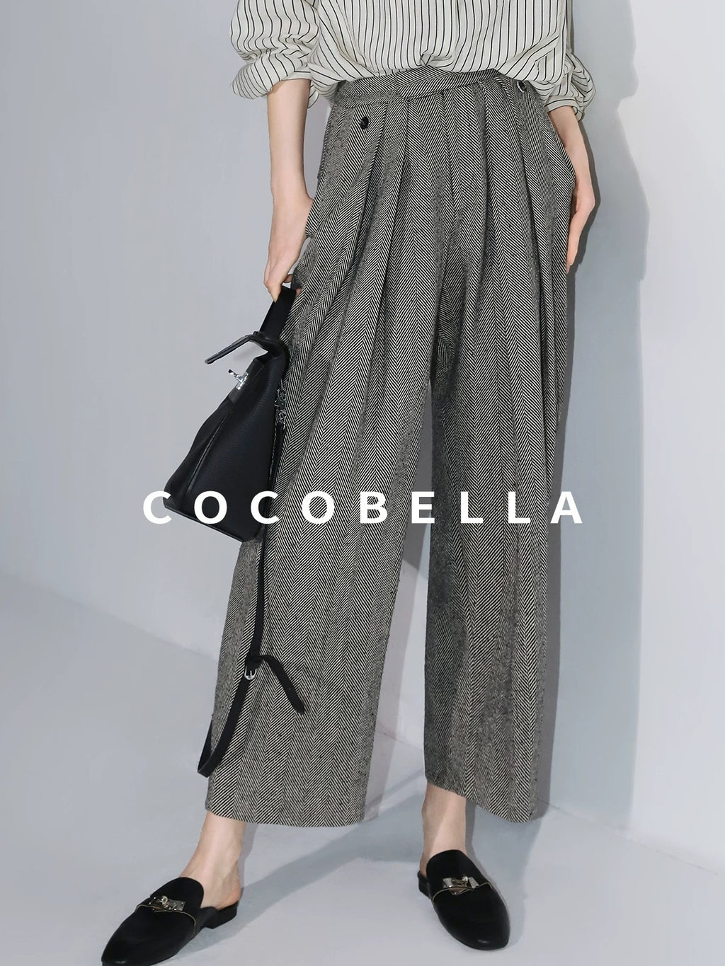COCOBELLA High Waist 3D Detail Loose Harem Office Wear Women Black White Polyester Pants