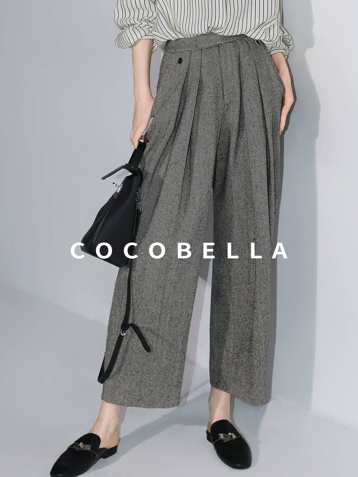 COCOBELLA High Waist 3D Detail Loose Harem Office Wear Women Black White Polyester Pants