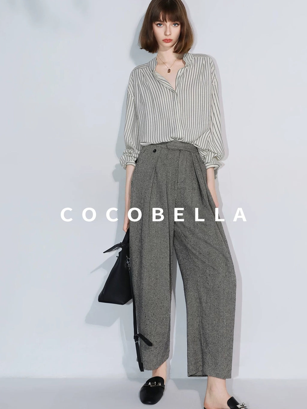 COCOBELLA High Waist 3D Detail Loose Harem Office Wear Women Black White Polyester Pants