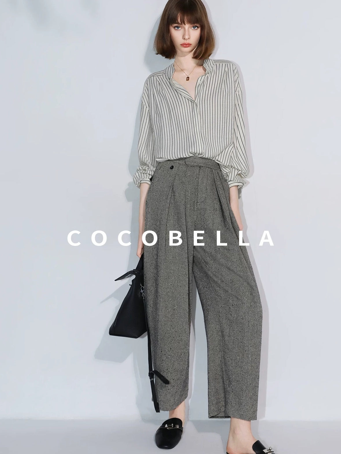 COCOBELLA High Waist 3D Detail Loose Harem Office Wear Women Black White Polyester Pants