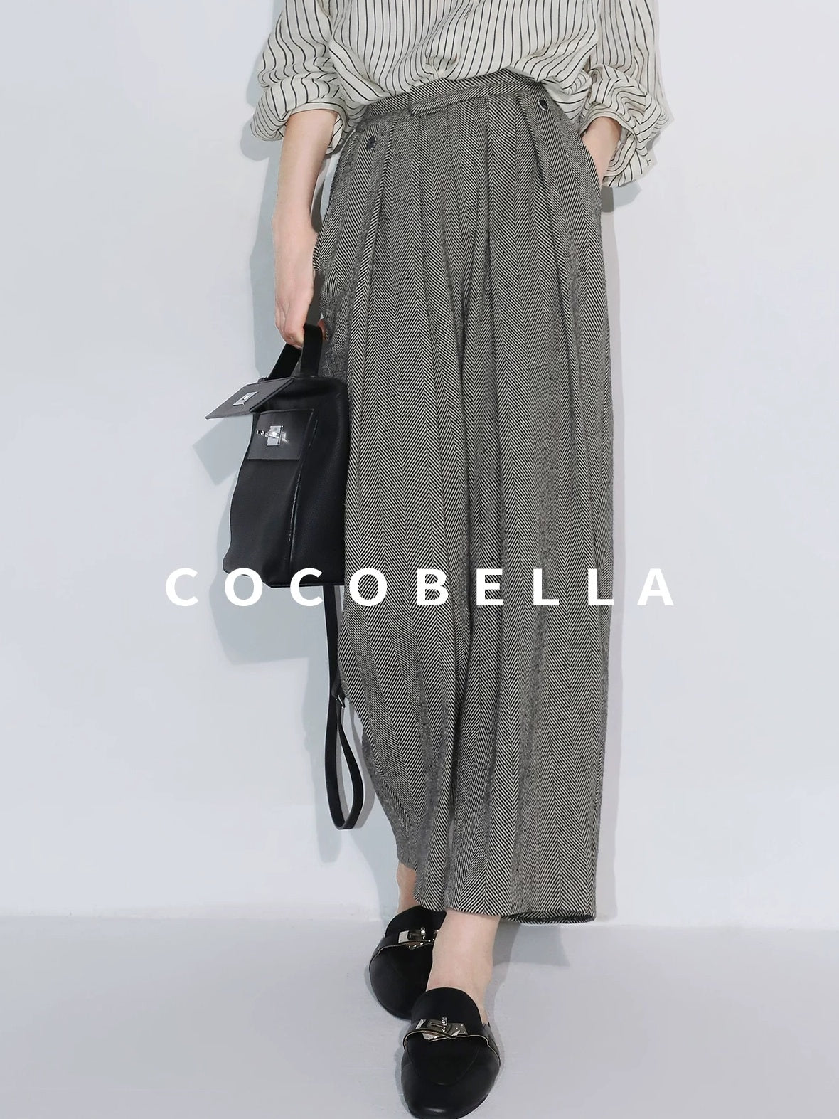 COCOBELLA High Waist 3D Detail Loose Harem Office Wear Women Black White Polyester Pants