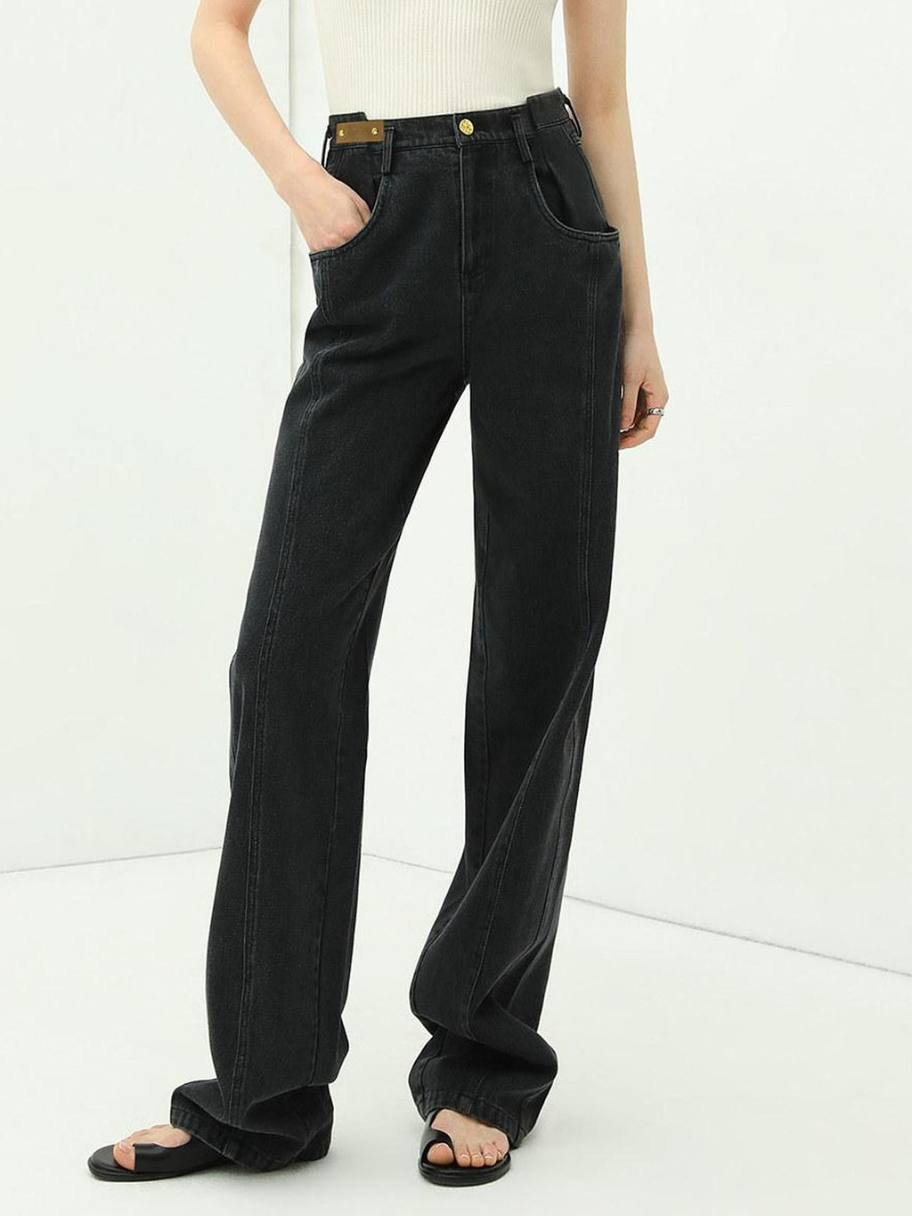 COCOBELLA High Waist Comfortable Loose Straight Denim Black Women Everyday Casual Pants