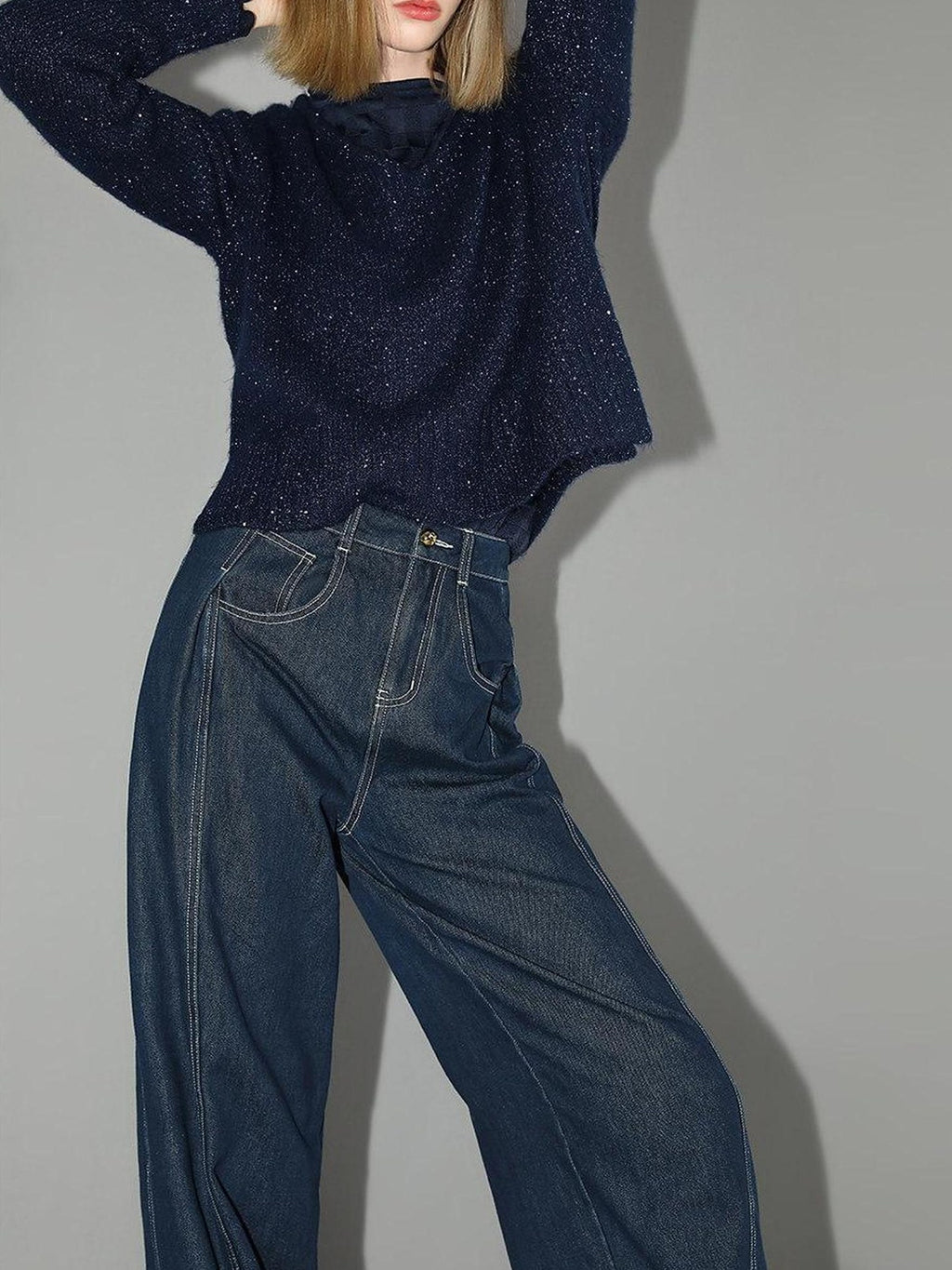 COCOBELLA High Waist Cotton Straight Leg Casual Women Denim Blue Brushed Pants