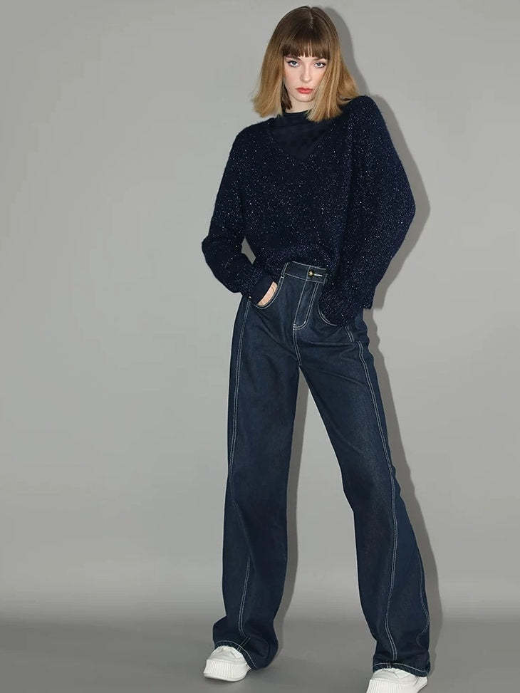 COCOBELLA High Waist Cotton Straight Leg Casual Women Denim Blue Brushed Pants