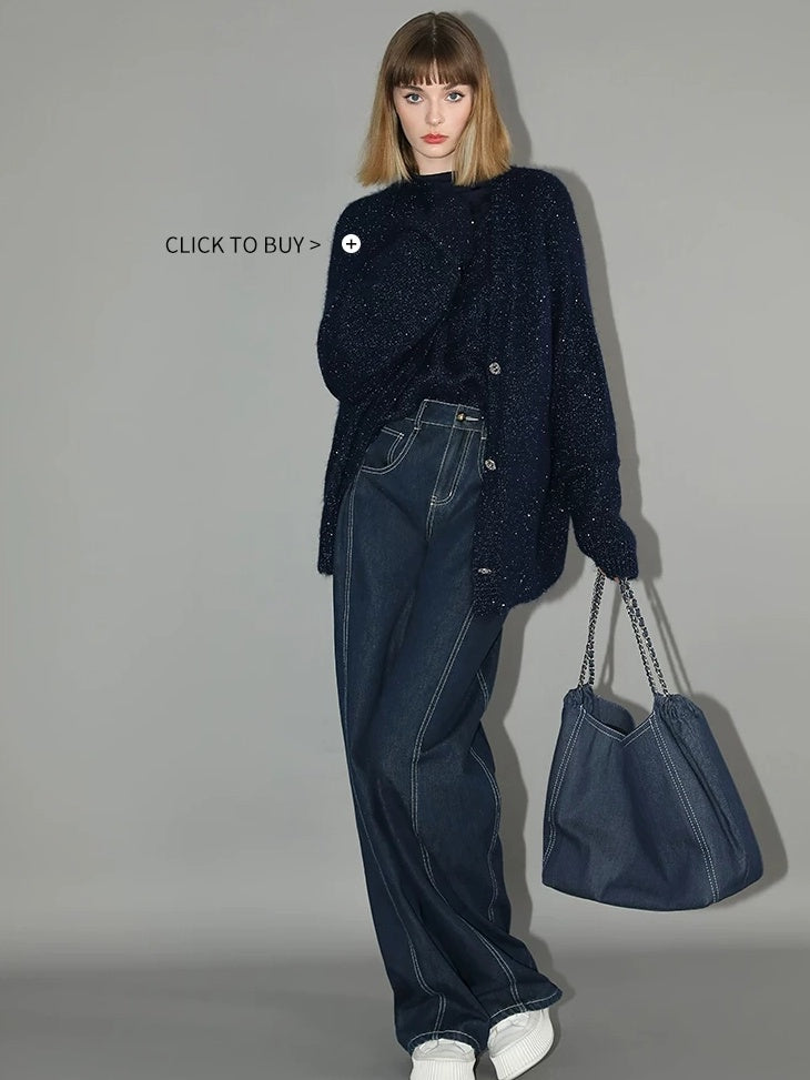 COCOBELLA High Waist Cotton Straight Leg Casual Women Denim Blue Brushed Pants