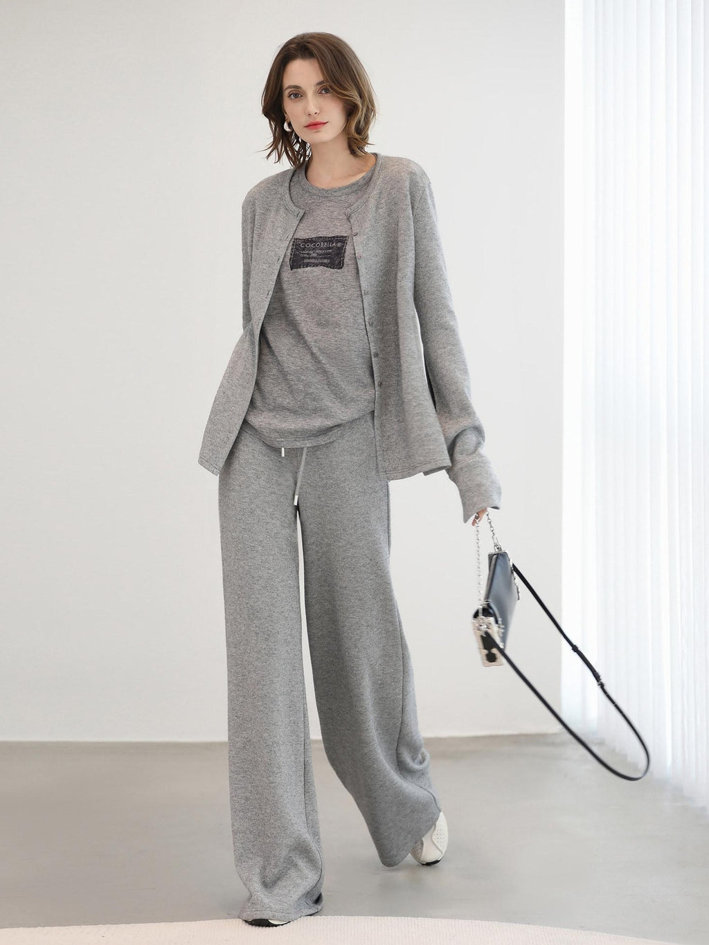 COCOBELLA High Waist Elastic Waistband Wide Leg Relaxed Fit Women Solid Knit Pants