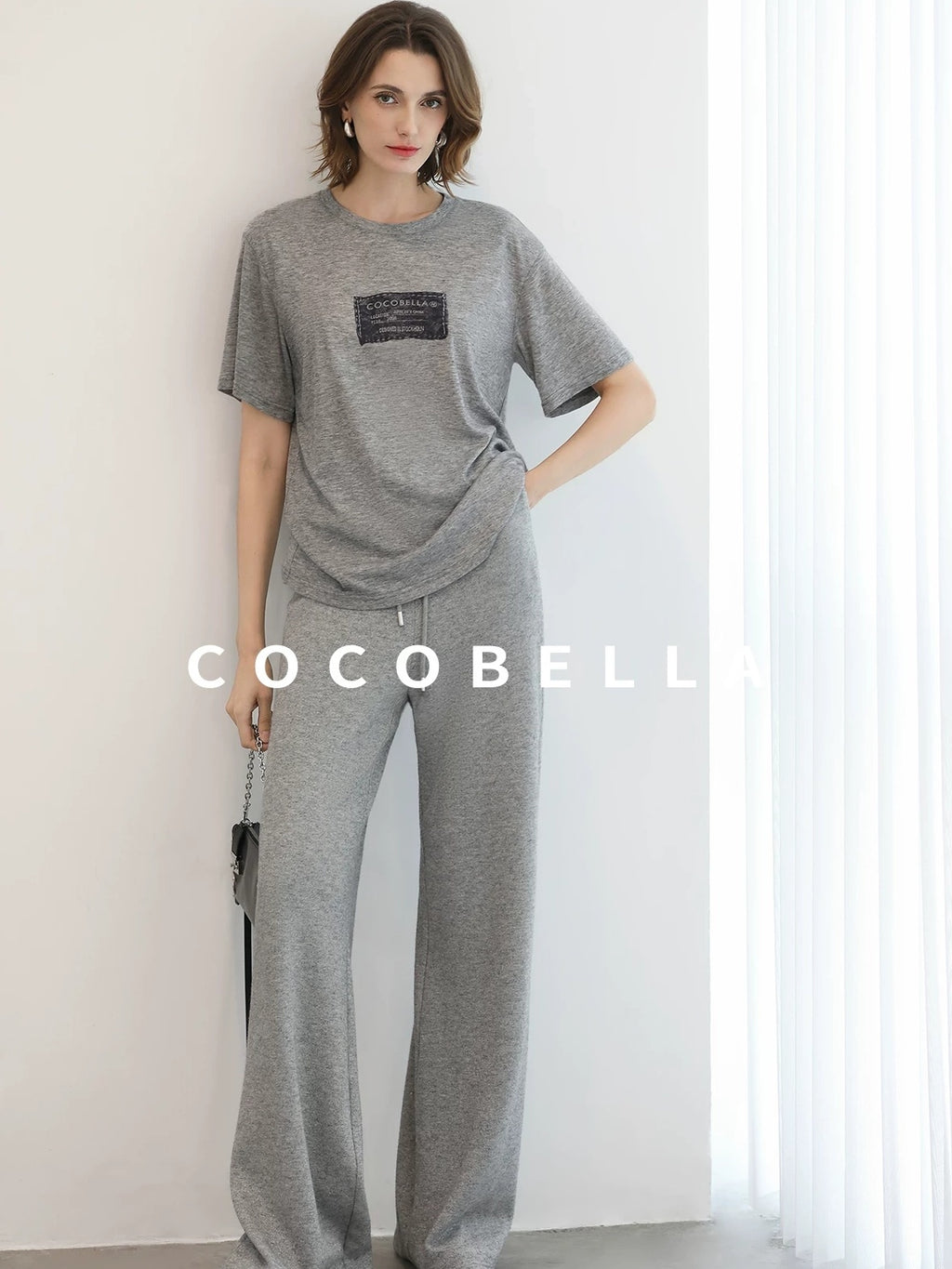 COCOBELLA High Waist Elastic Waistband Wide Leg Relaxed Fit Women Solid Knit Pants