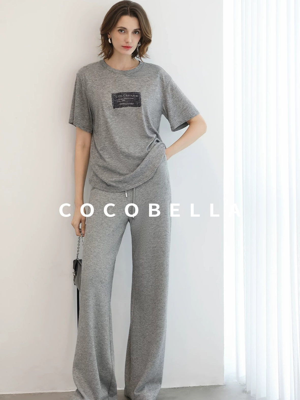COCOBELLA High Waist Elastic Waistband Wide Leg Relaxed Fit Women Solid Knit Pants