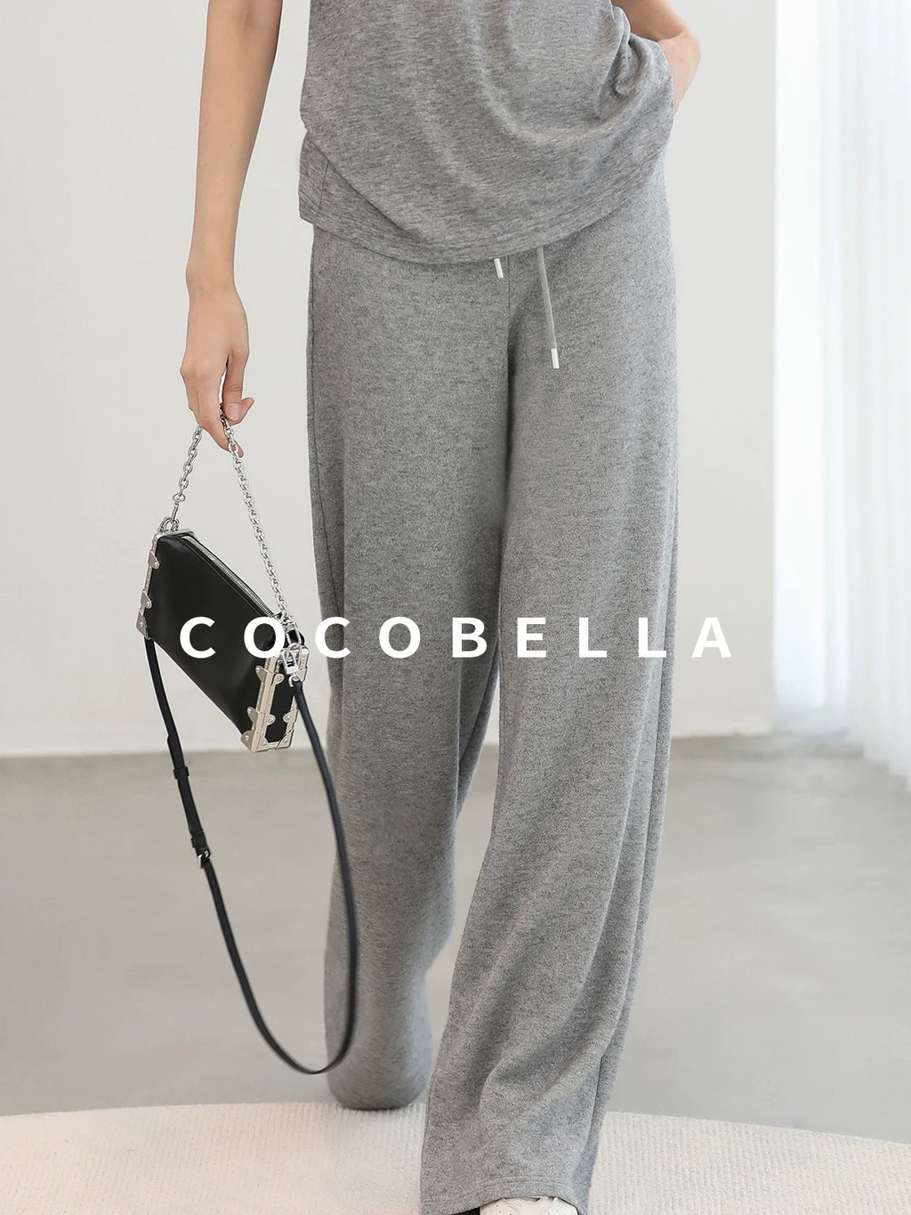 COCOBELLA High Waist Elastic Waistband Wide Leg Relaxed Fit Women Solid Knit Pants