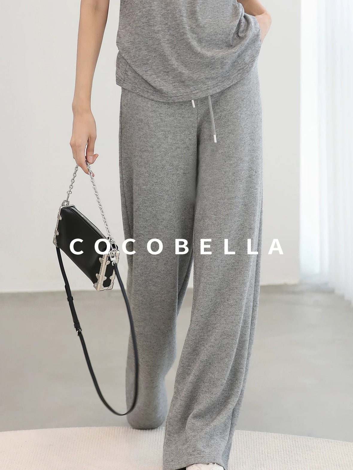 COCOBELLA High Waist Elastic Waistband Wide Leg Relaxed Fit Women Solid Knit Pants
