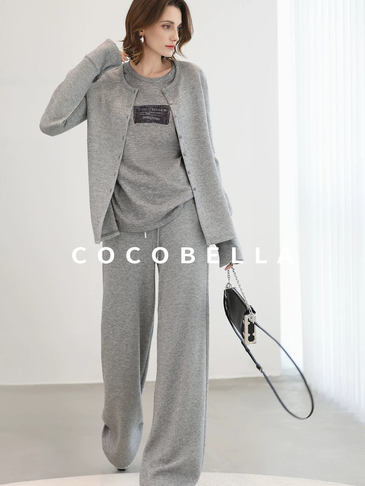 COCOBELLA High Waist Elastic Waistband Wide Leg Relaxed Fit Women Solid Knit Pants