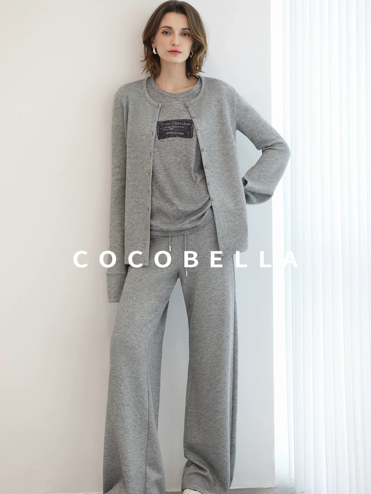COCOBELLA High Waist Elastic Waistband Wide Leg Relaxed Fit Women Solid Knit Pants