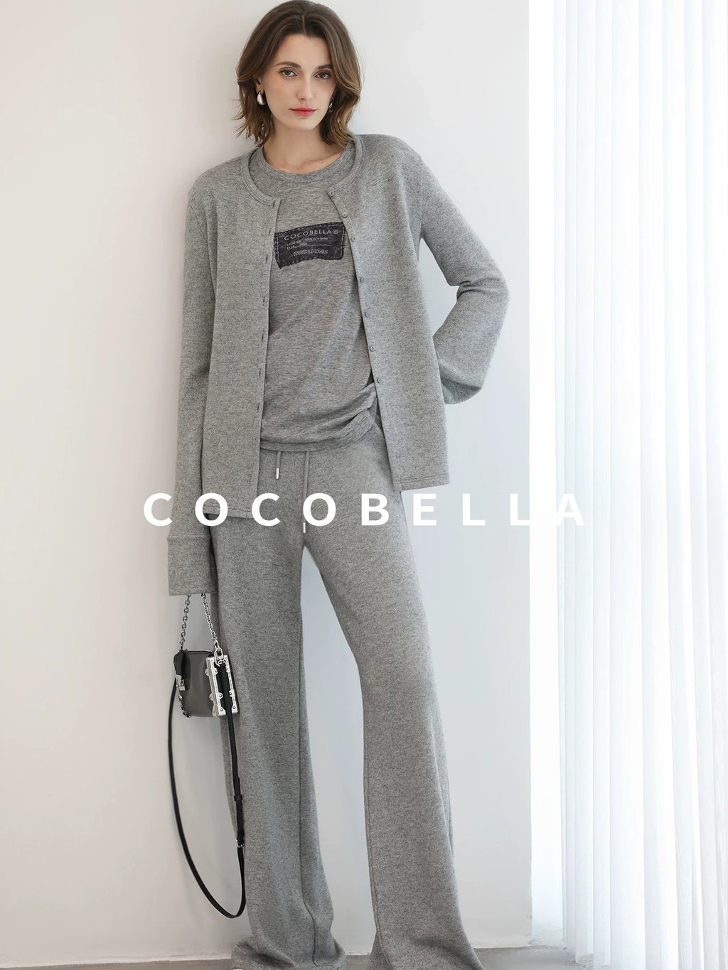 COCOBELLA High Waist Elastic Waistband Wide Leg Relaxed Fit Women Solid Knit Pants
