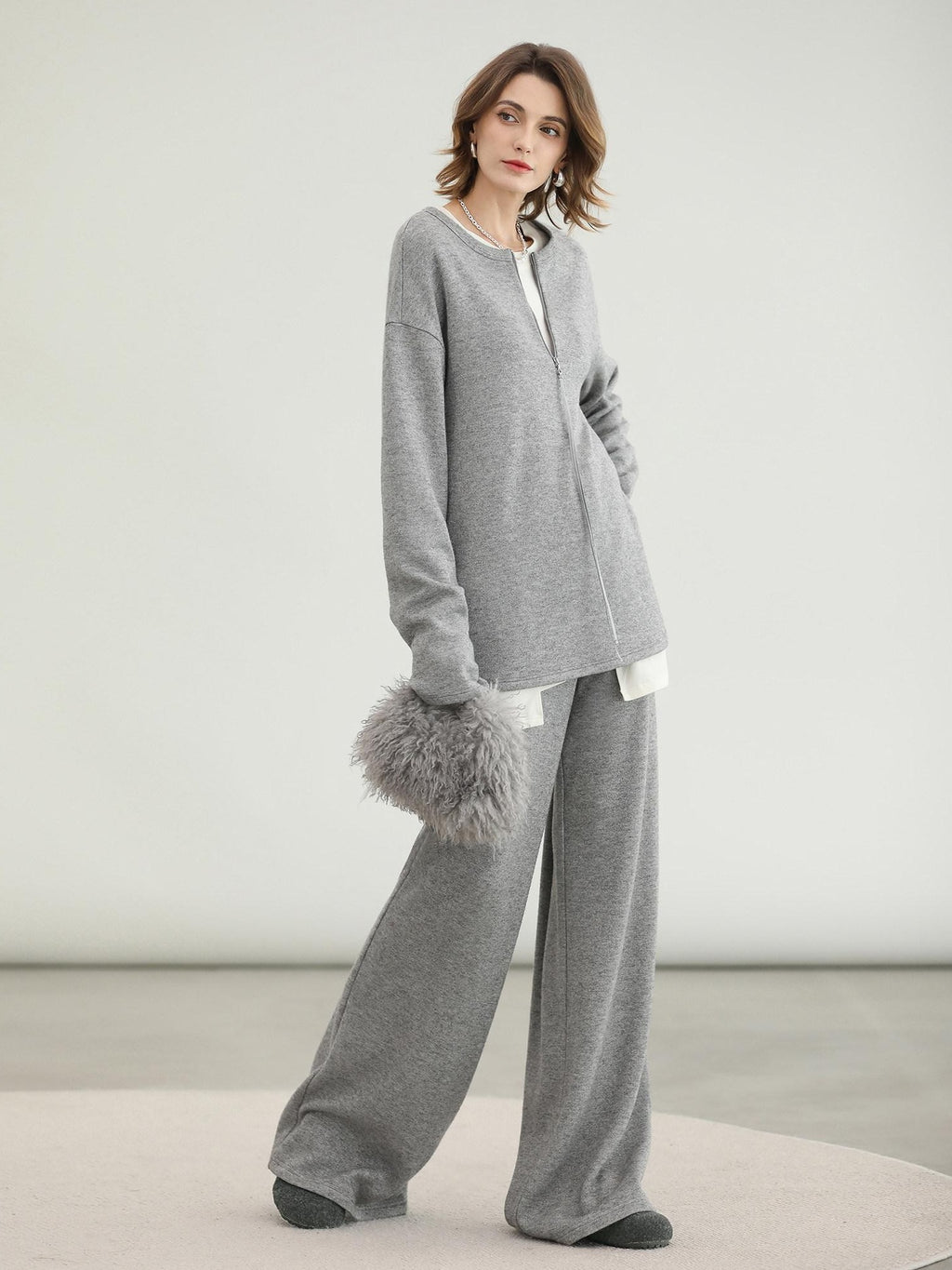 COCOBELLA High Waist Elastic Waistband Wide Leg Relaxed Fit Women Solid Knit Pants