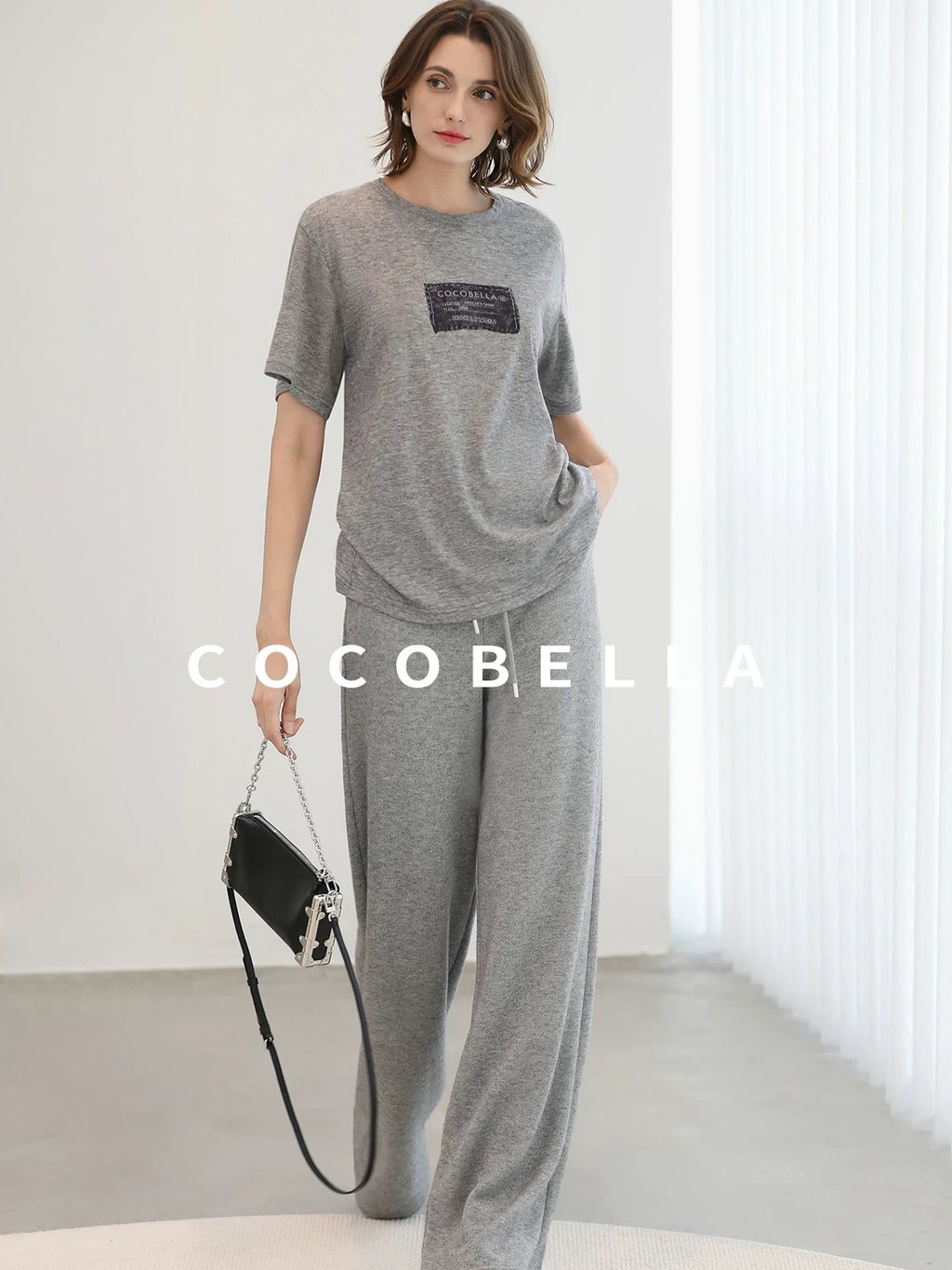 COCOBELLA High Waist Elastic Waistband Wide Leg Relaxed Fit Women Solid Knit Pants