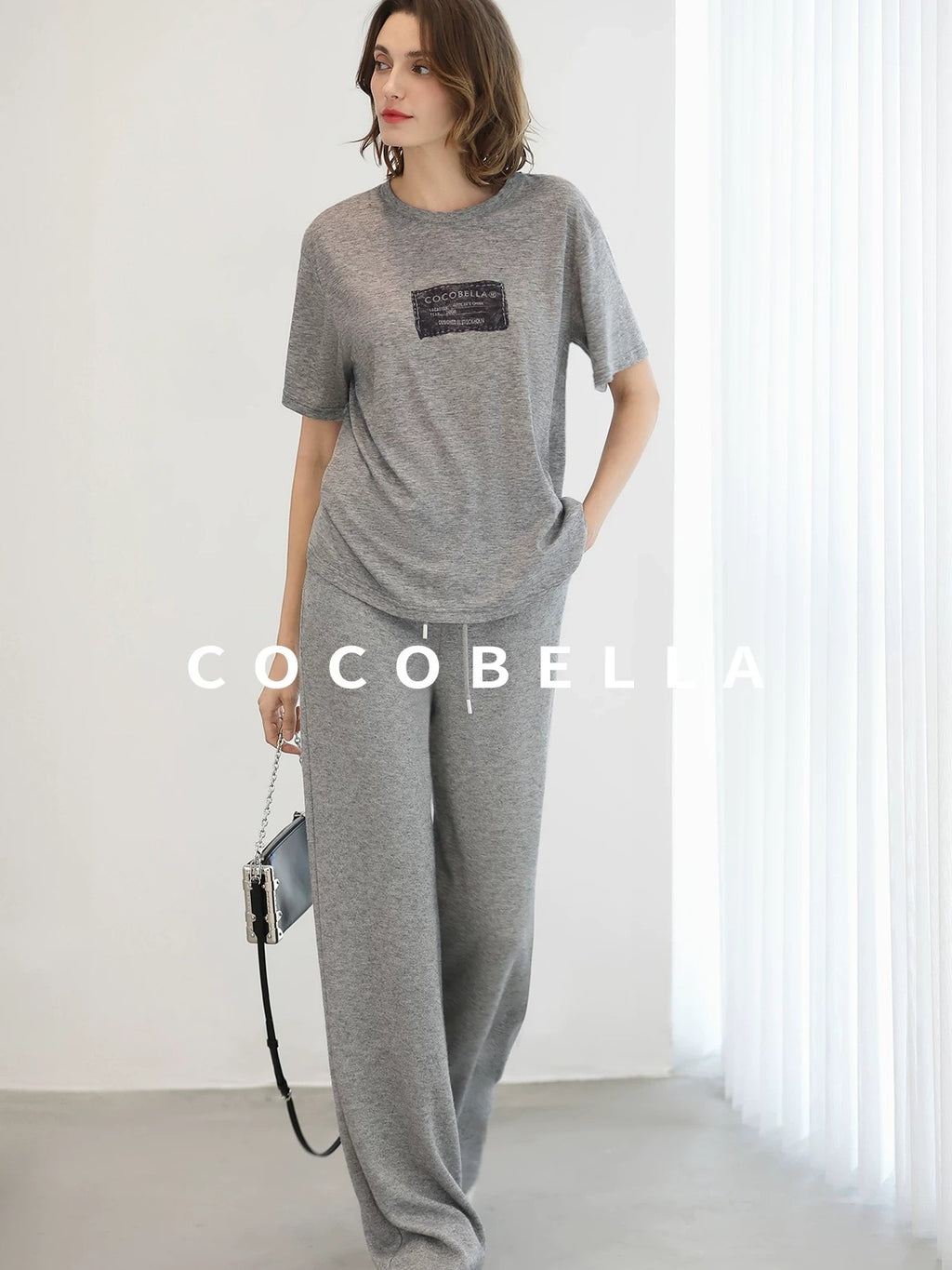 COCOBELLA High Waist Elastic Waistband Wide Leg Relaxed Fit Women Solid Knit Pants