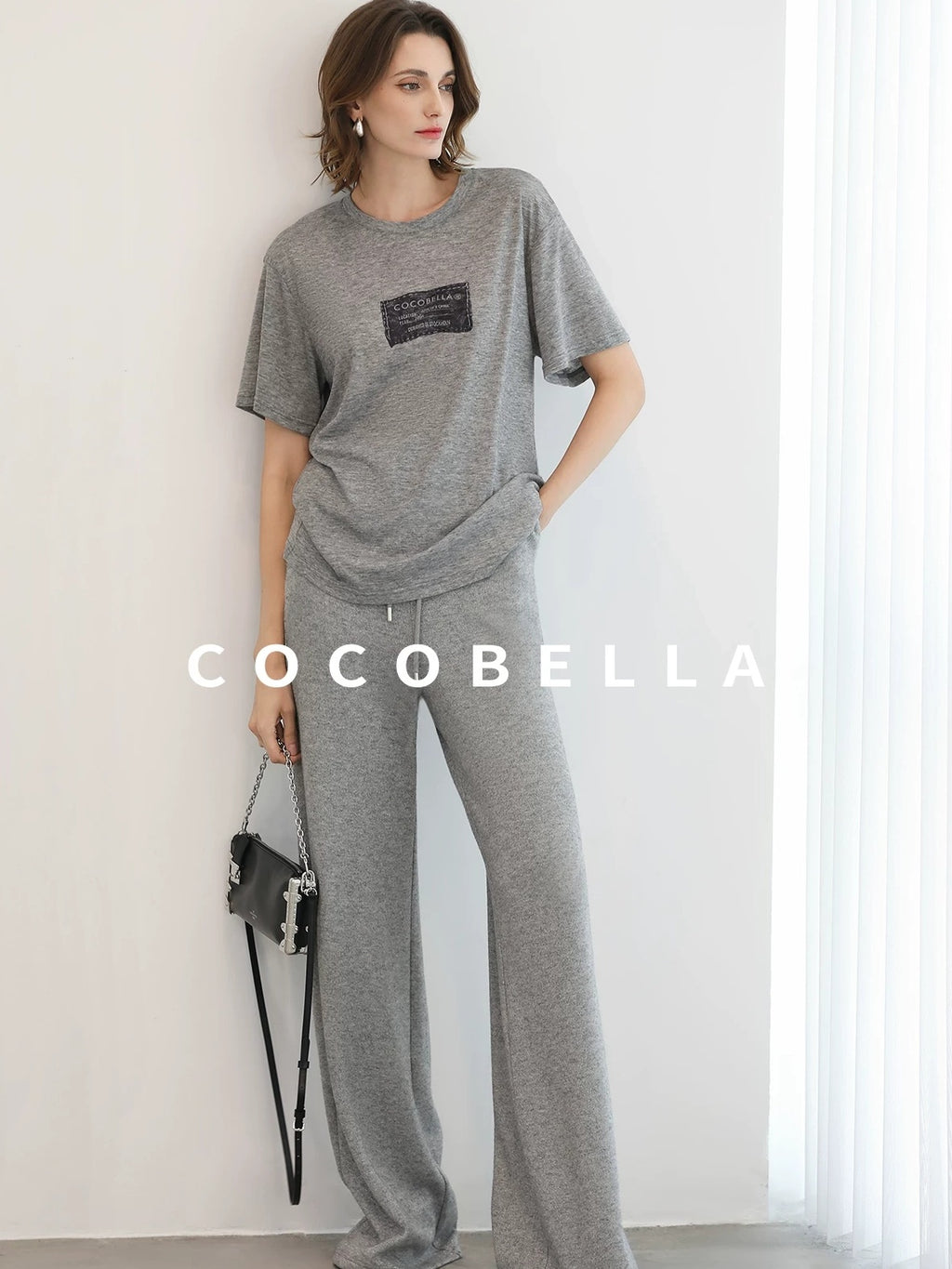 COCOBELLA High Waist Elastic Waistband Wide Leg Relaxed Fit Women Solid Knit Pants