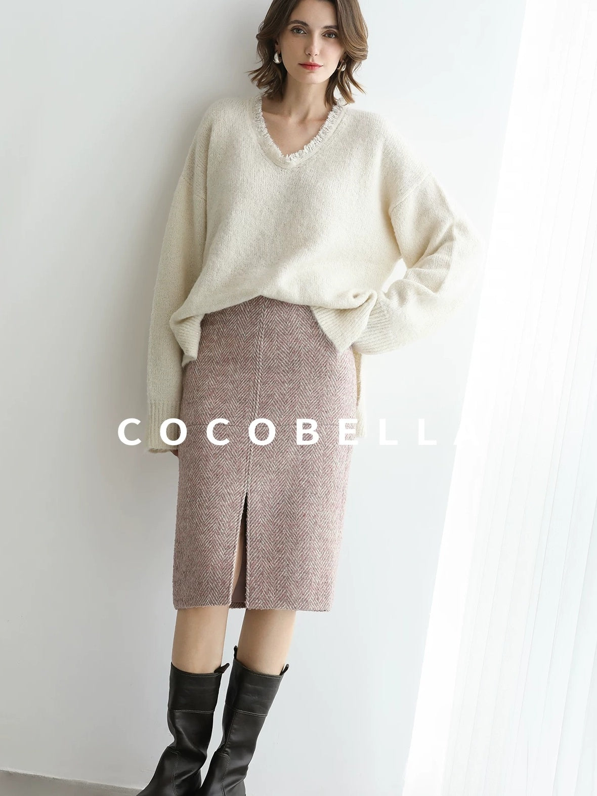 COCOBELLA High Waist Front Slit Straight Zipper Women City Commute Midi Skirts