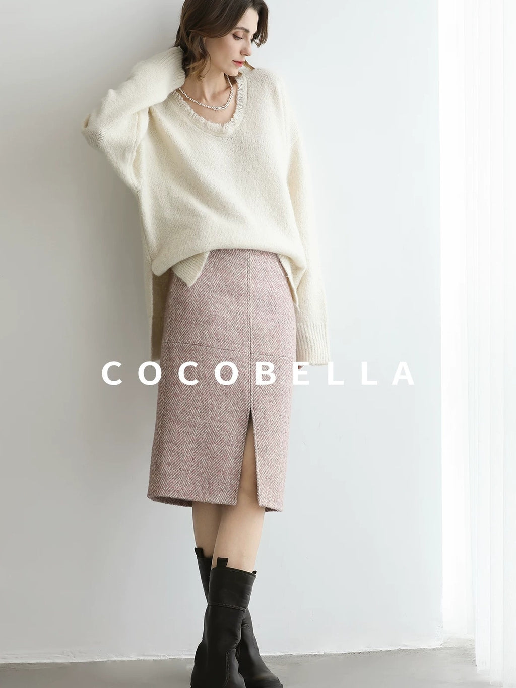 COCOBELLA High Waist Front Slit Straight Zipper Women City Commute Midi Skirts