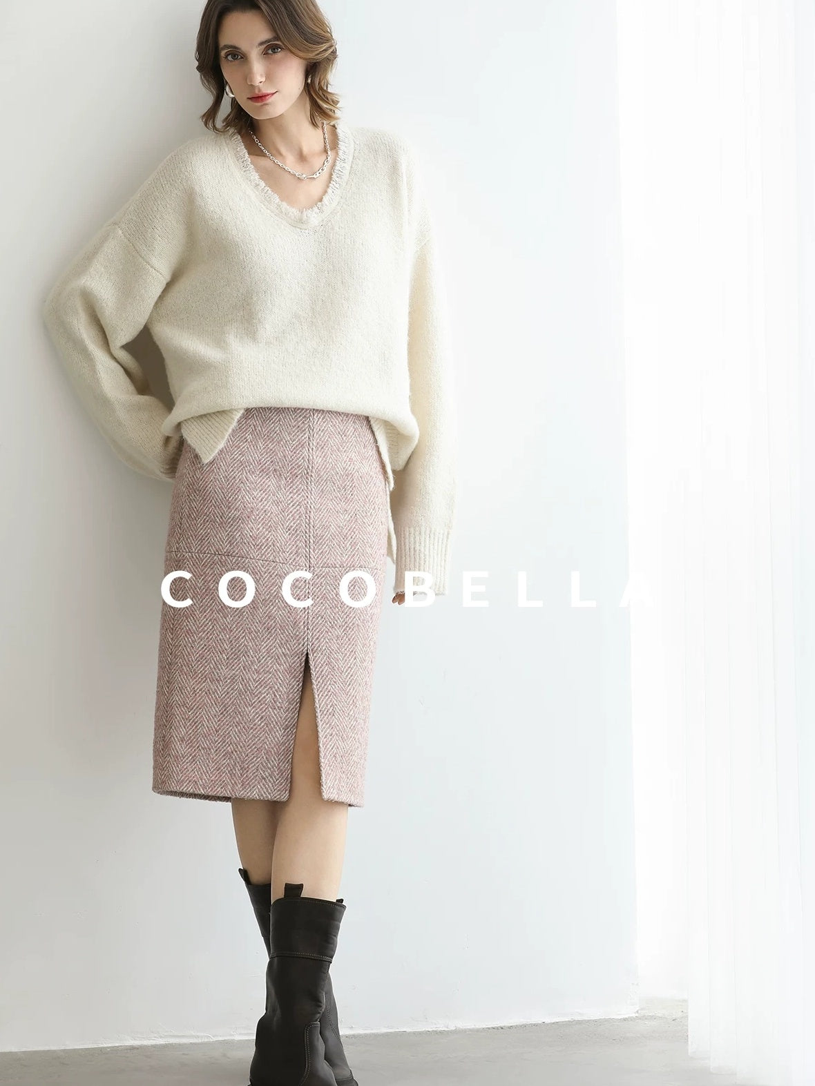 COCOBELLA High Waist Front Slit Straight Zipper Women City Commute Midi Skirts