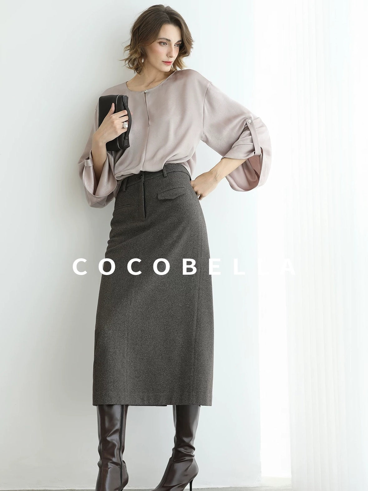 COCOBELLA High Waist H Line Straight With Pockets Commuter Office Women Nutmeg Skirts