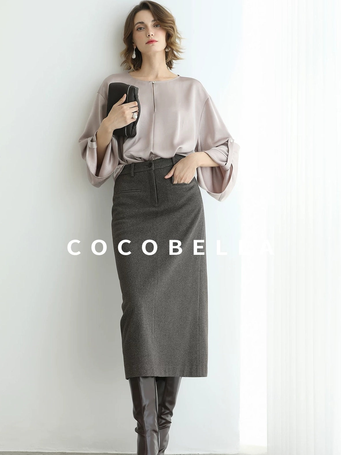 COCOBELLA High Waist H Line Straight With Pockets Commuter Office Women Nutmeg Skirts