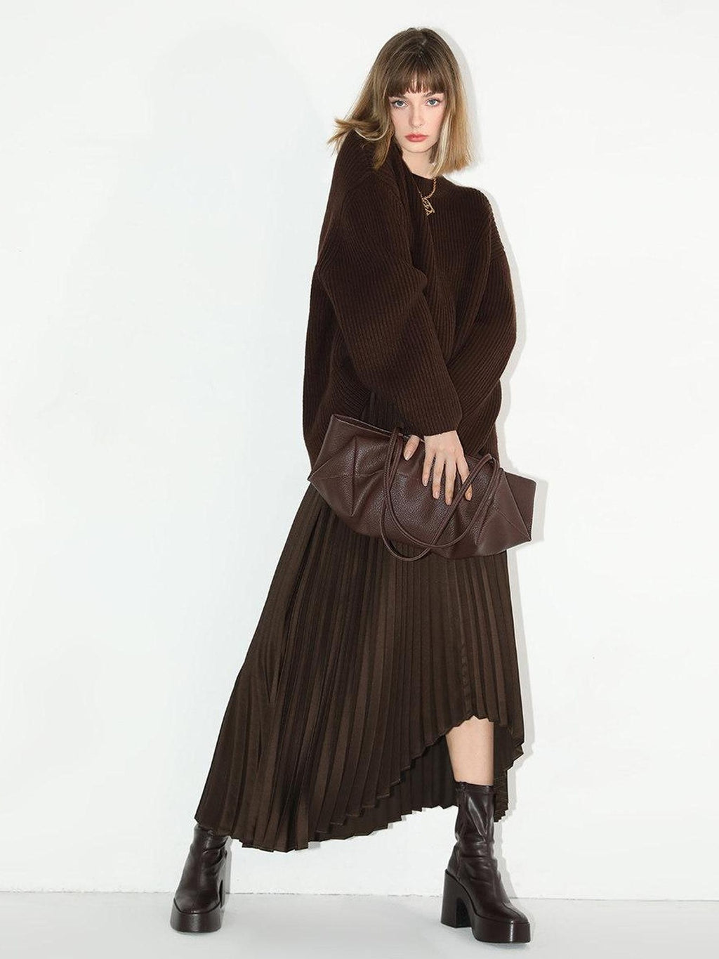 COCOBELLA High Waist Ladylike Asymmetric Pleated A Line Office Chocolate Midi Skirts