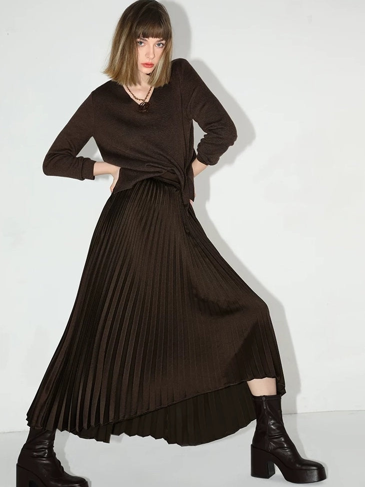 COCOBELLA High Waist Ladylike Asymmetric Pleated A Line Office Chocolate Midi Skirts