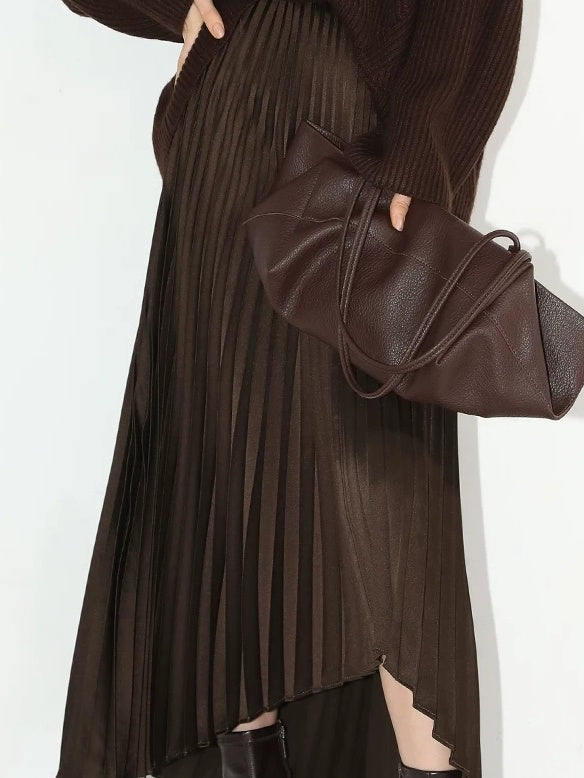 COCOBELLA High Waist Ladylike Asymmetric Pleated A Line Office Chocolate Midi Skirts