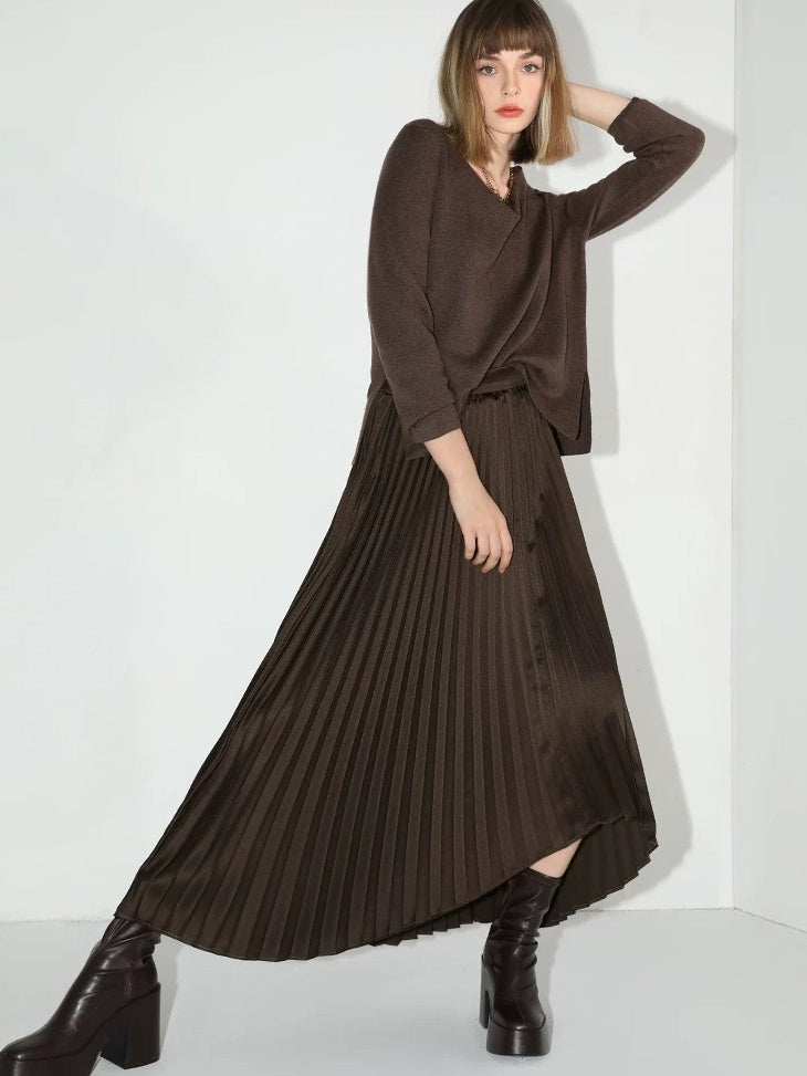 COCOBELLA High Waist Ladylike Asymmetric Pleated A Line Office Chocolate Midi Skirts