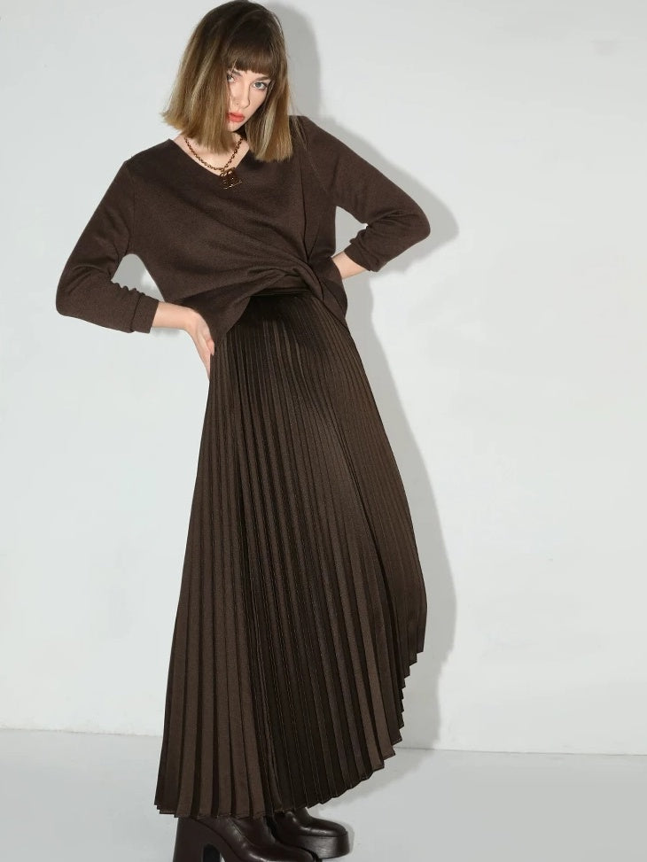 COCOBELLA High Waist Ladylike Asymmetric Pleated A Line Office Chocolate Midi Skirts