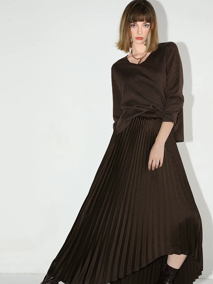 COCOBELLA High Waist Ladylike Asymmetric Pleated A Line Office Chocolate Midi Skirts