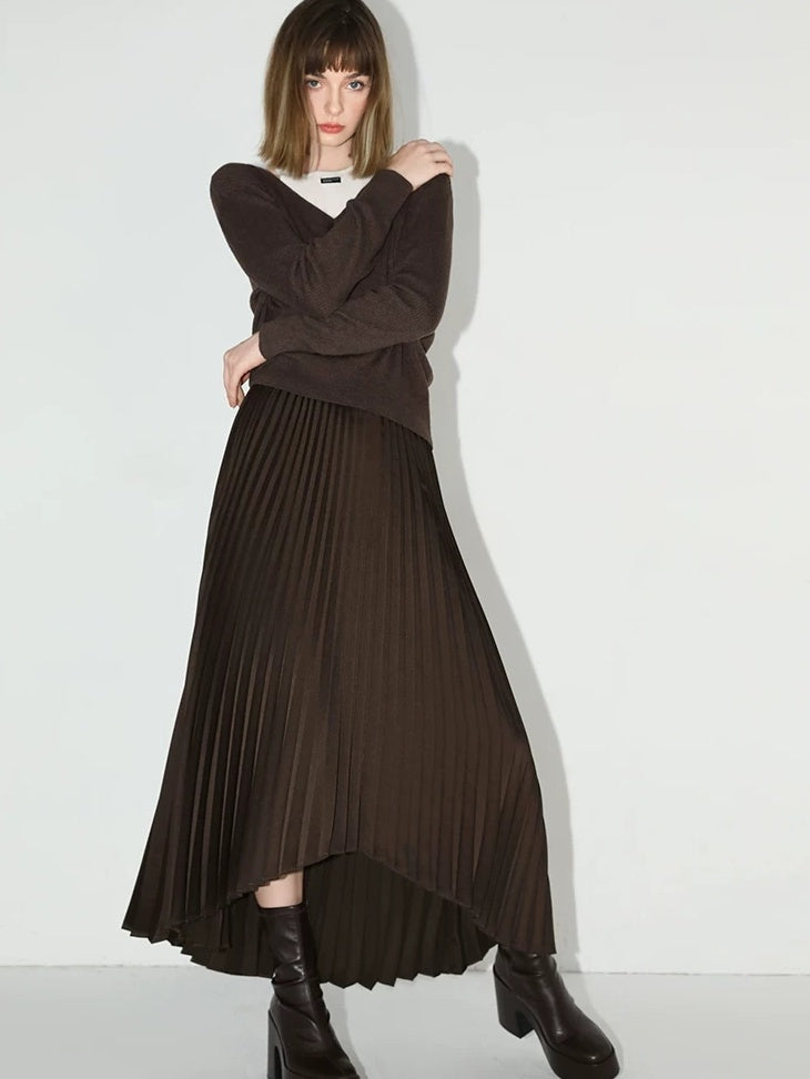 COCOBELLA High Waist Ladylike Asymmetric Pleated A Line Office Chocolate Midi Skirts