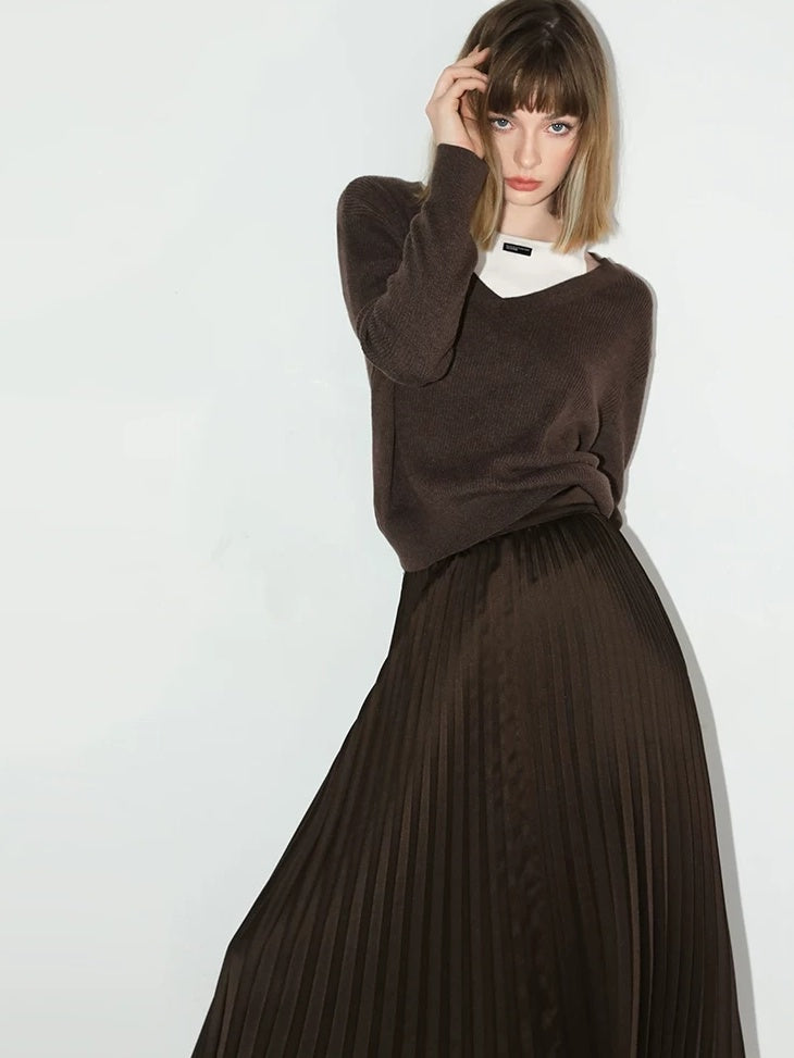 COCOBELLA High Waist Ladylike Asymmetric Pleated A Line Office Chocolate Midi Skirts