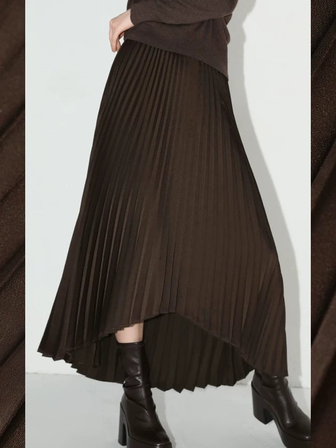 COCOBELLA High Waist Ladylike Asymmetric Pleated A Line Office Chocolate Midi Skirts