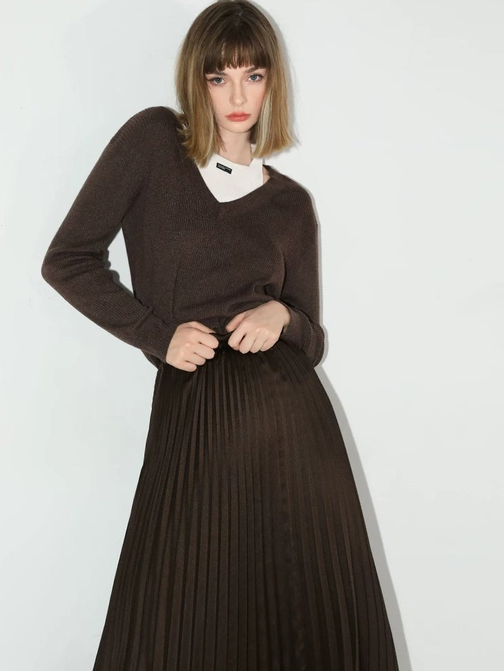 COCOBELLA High Waist Ladylike Asymmetric Pleated A Line Office Chocolate Midi Skirts