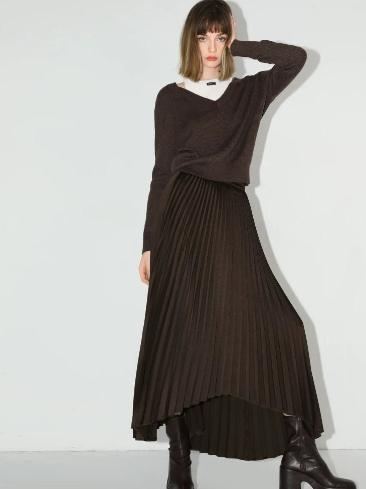 COCOBELLA High Waist Ladylike Asymmetric Pleated A Line Office Chocolate Midi Skirts