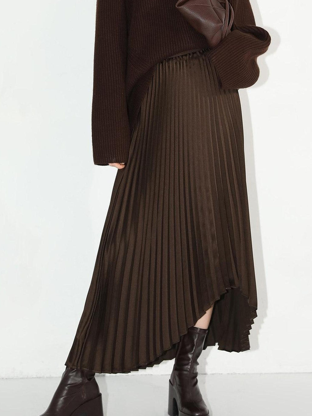 COCOBELLA High Waist Ladylike Asymmetric Pleated A Line Office Chocolate Midi Skirts